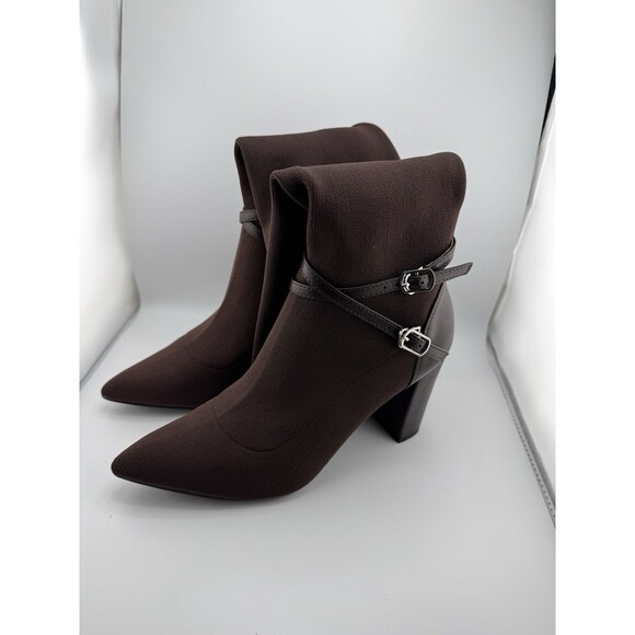 MOUSSE FIT Women's Strap Decor Heeled High Boots Brown 6.5 - Picture 5 of 12